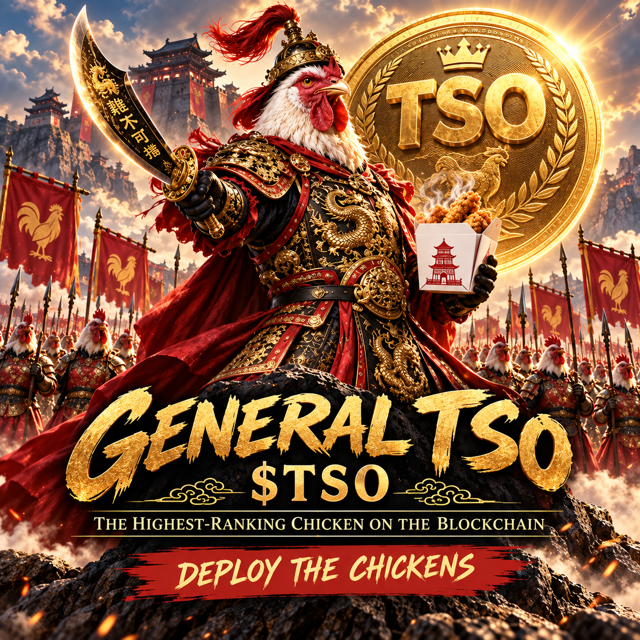A chicken general in ornate gold and red armor, carrying a saber and a takeout box, leads an army of chickens.